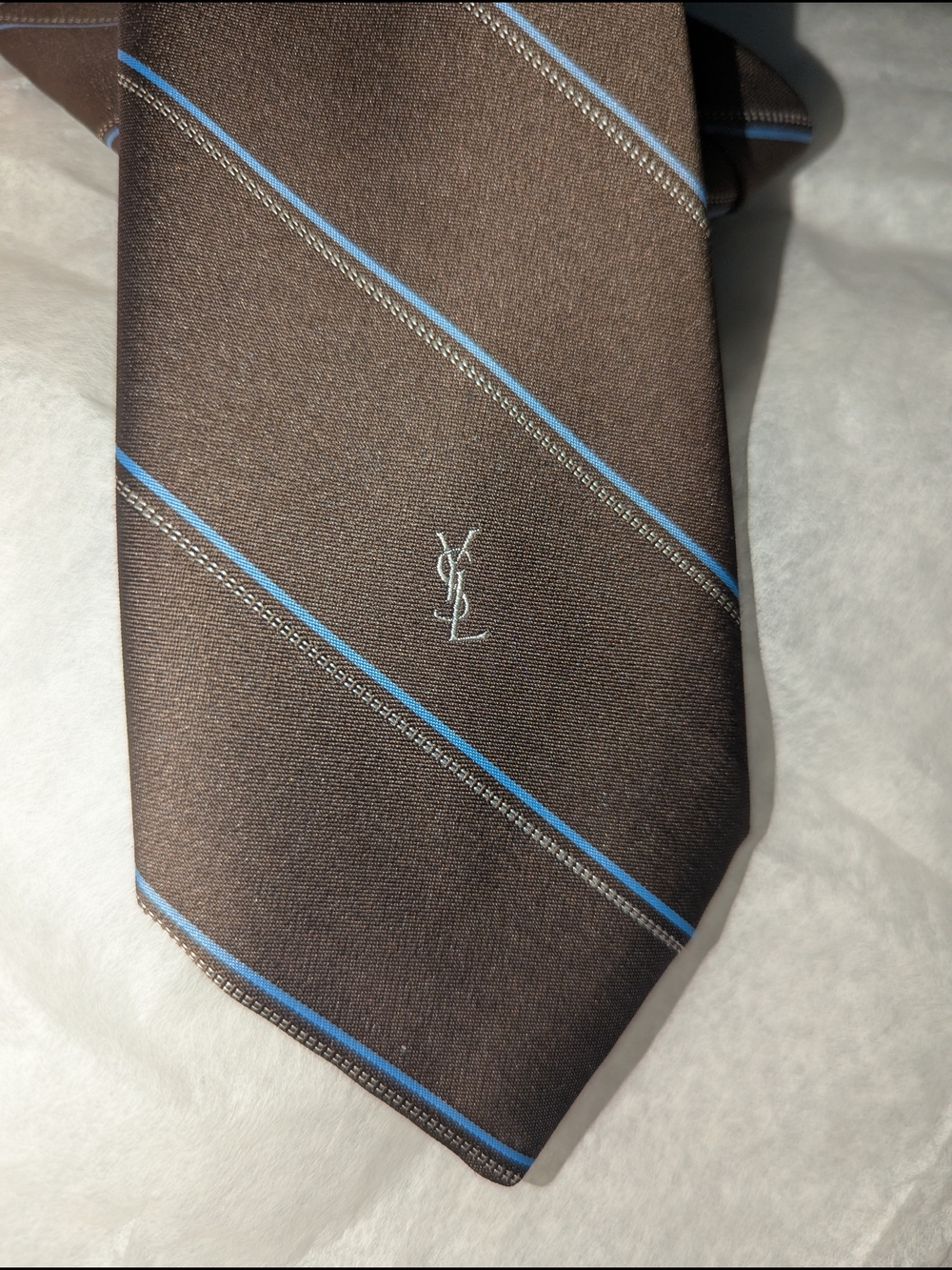 Yves Saint Laurent Brown Tie with Blue Stripe & YSL Monogram